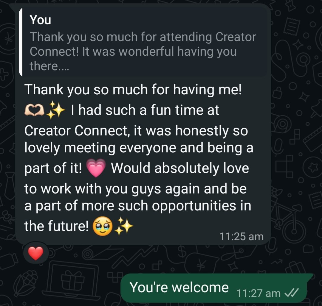 WhatsApp message from a creator thanking us after Creator Connect