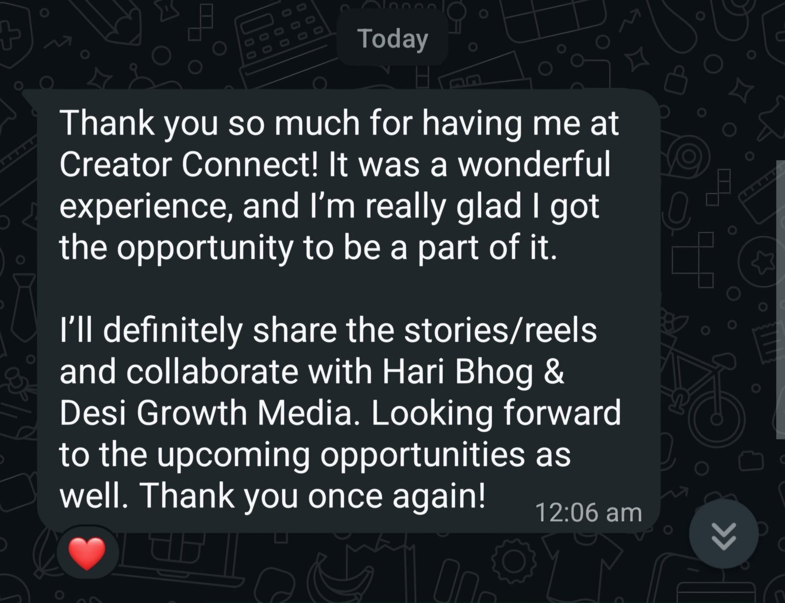 WhatsApp message from a creator thanking us after Creator Connect