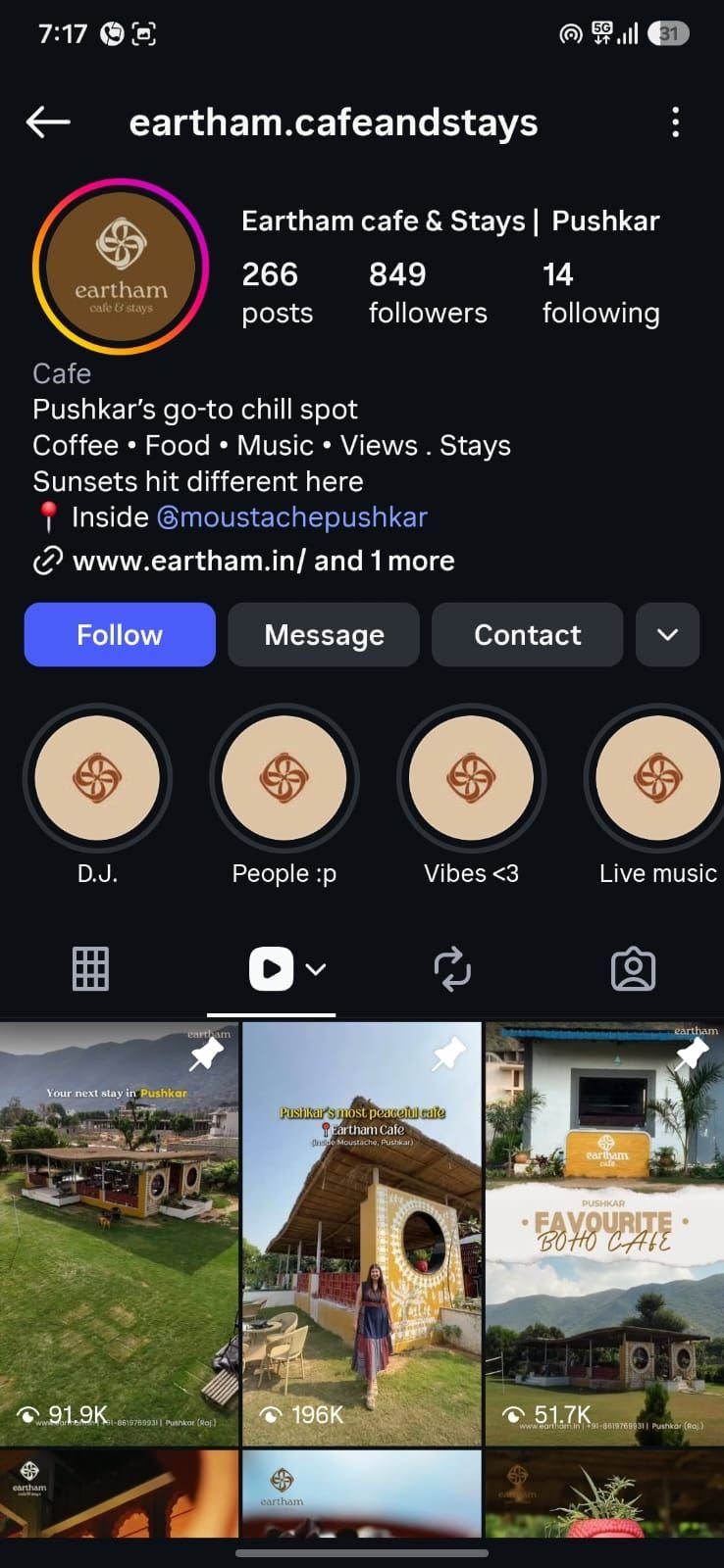 Eartham Cafe and Stays Instagram profile we manage