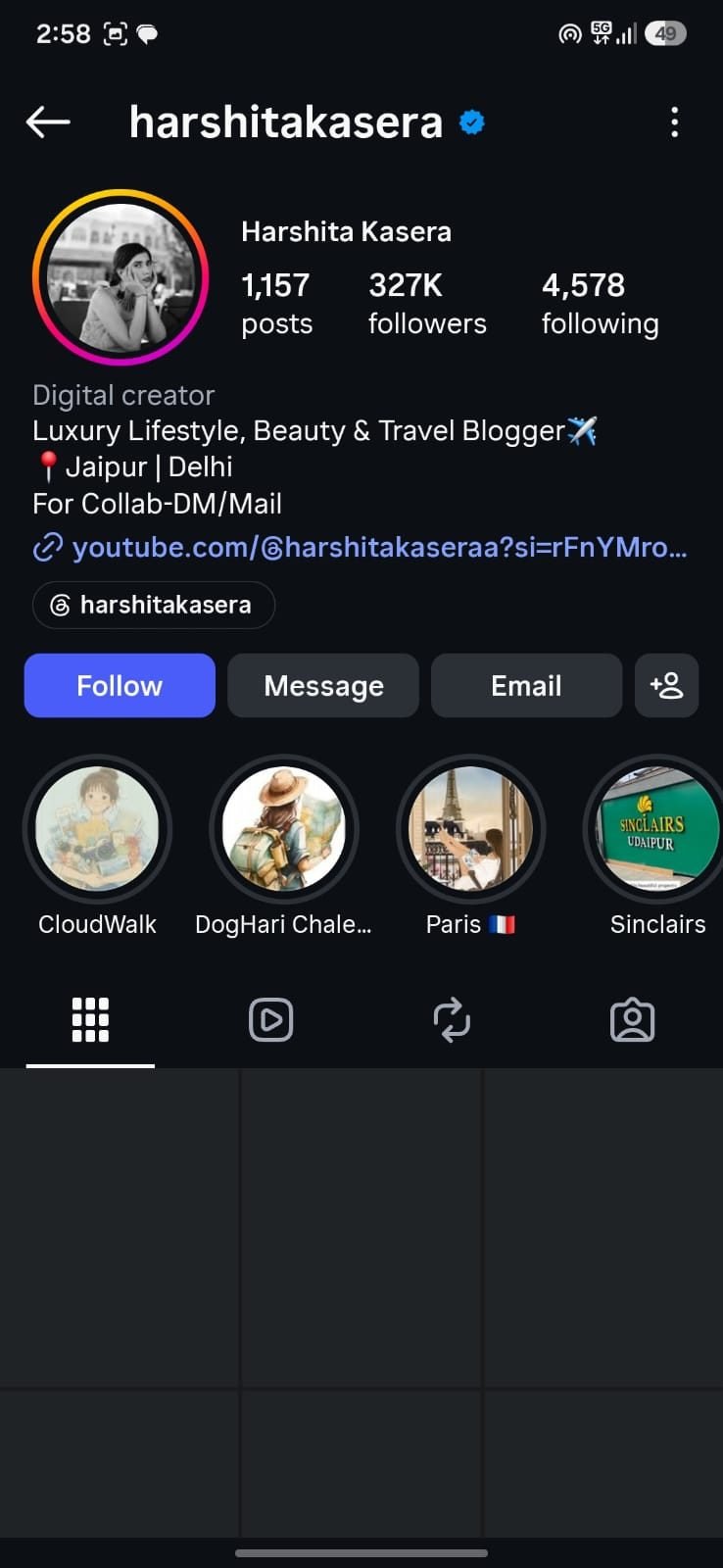 Instagram profile of @harshitakasera with 327K followers