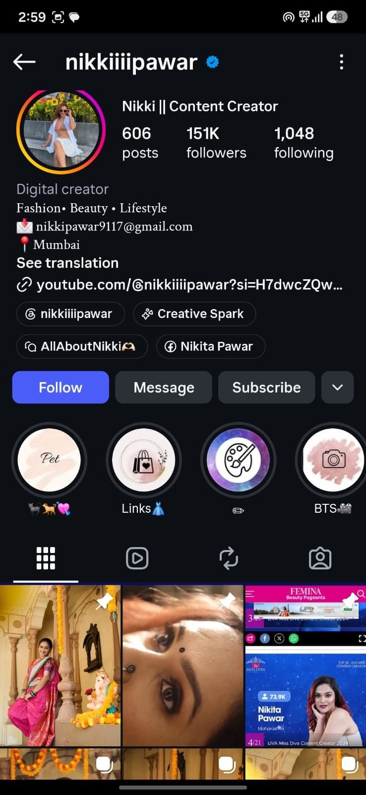 Instagram profile of @nikkiiiipawar with 151K followers