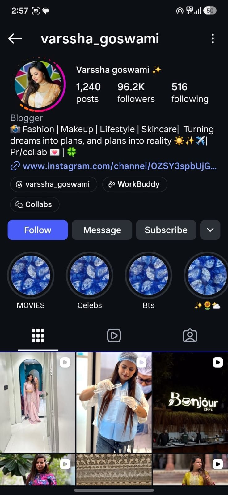 Instagram profile of @varssha_goswami with 96.2K followers