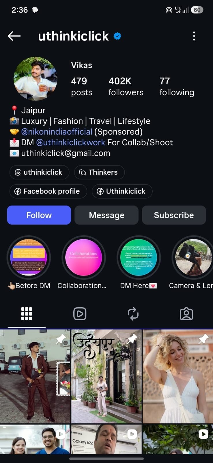 Instagram profile of @uthinkiclick with 402K followers