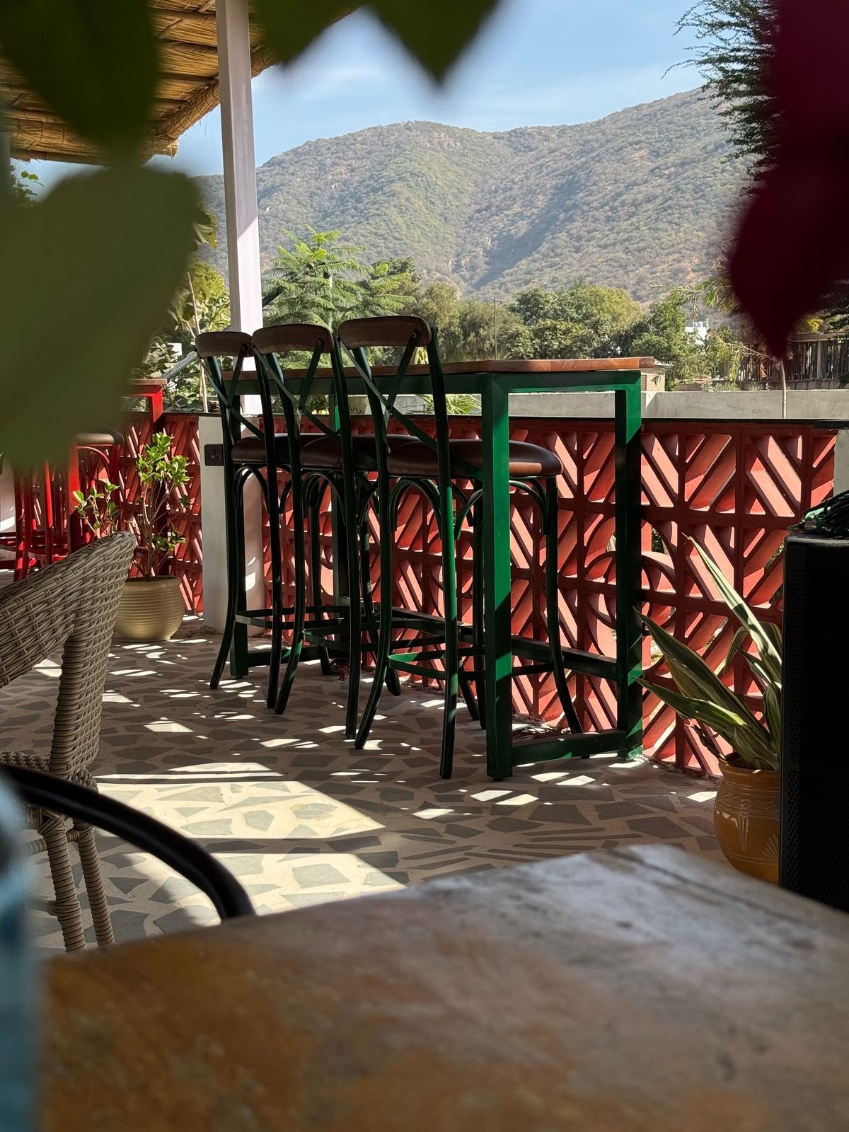 Café terrace with mountain views at Moustache Pushkar, shot by our crew