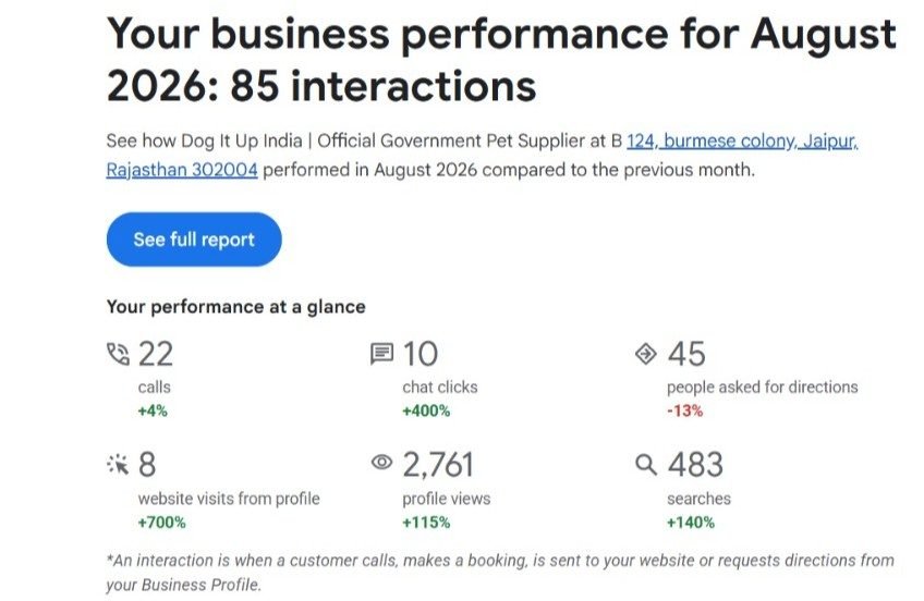 Google Business Profile report for DogItUp: 85 interactions in August 2026