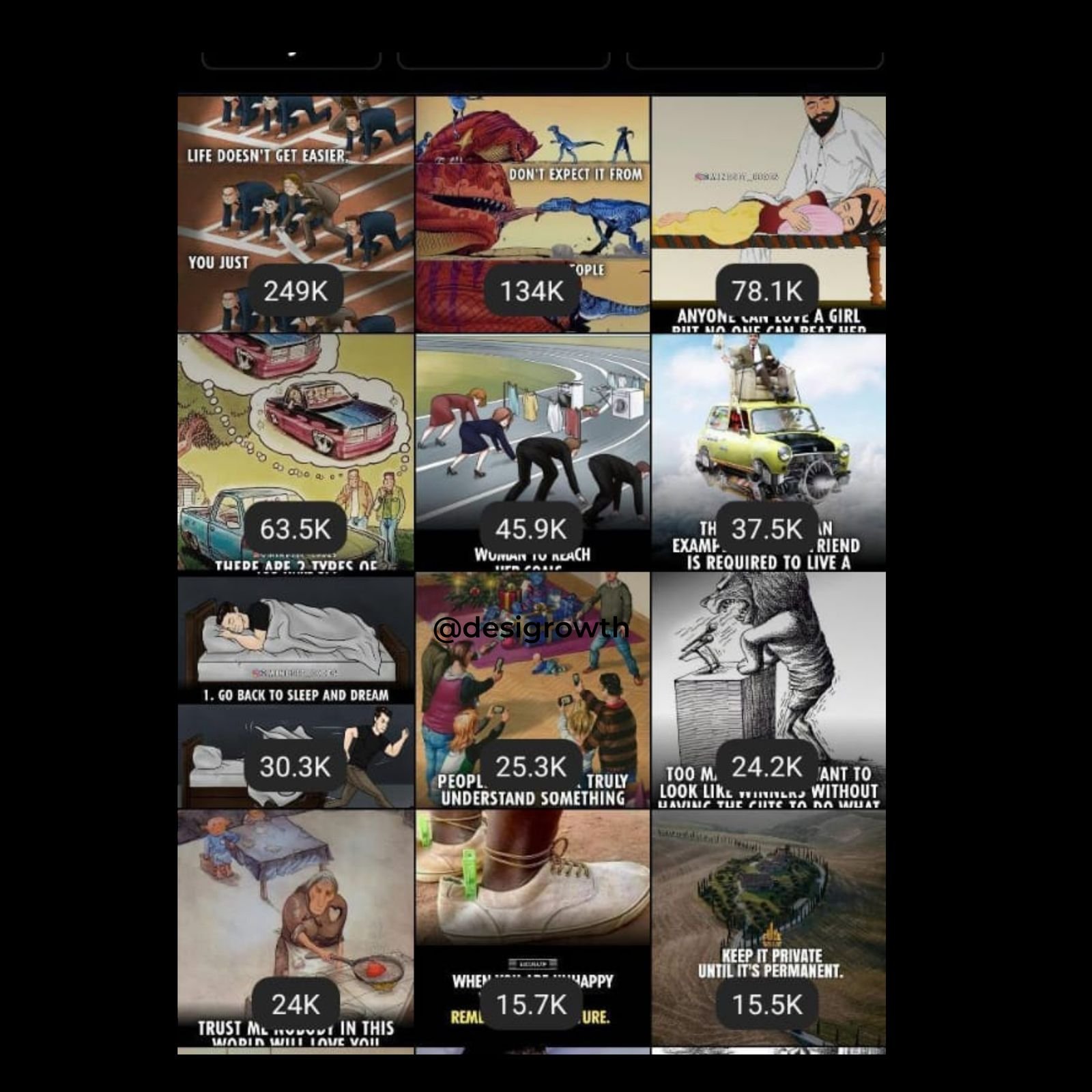 A second grid of reels with view counts up to 249K